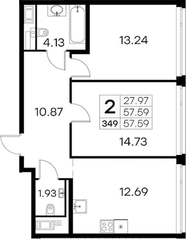 2-комнатная квартира 57.59 м², 18/19 эт., ЖК «GloraX Aura Vasileostrovsky»
